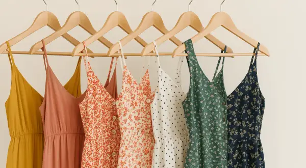 Letnie sukienki na wieszakach: musztardowa, łososiowa, w pomarańczowe kwiatuszki, w grochy, zielona i granatowa. Czy spandex oddycha? Te materiały wyglądają na przewiewne.
