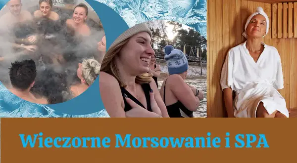 Grupa ludzi cieszy się gorącą kąpielą i sauną, a potem morsowanie na mrozie.