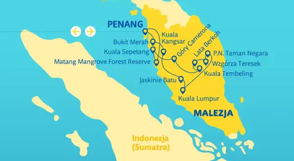 Mapa pokazuje trasę podróży po Malezji, obejmującą Penang, Kuala Lumpur, Góry Cameron i Park Narodowy Taman Negara. Idealne miejsce na wakacje!