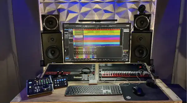 Profesjonalne studio nagraniowe z monitorem odsłuchowym, klawiaturą, kontrolerami i sprzętem do miks mastering.