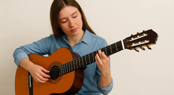 Młoda kobieta uczy się grać na gitarze. To idealna gitara dla początkujących, z którą można zacząć swoją muzyczną podróż.