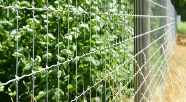 Metalowe ogrodzenie leśne z drutu kolczastego, oddzielające gęsty zielony las od suchej trawy.