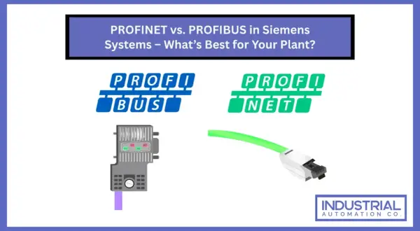 Porównanie PROFINET i PROFIBUS w systemach Siemens. Widoczne logo PROFIBUS z modułem, obok PROFINET z kablem Ethernet.
