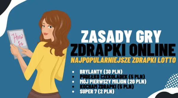 Kobieta z tabletem pokazuje, czy w zdrapkach można coś wygrać. Zasady gier, popularne zdrapki lotto i nagrody.