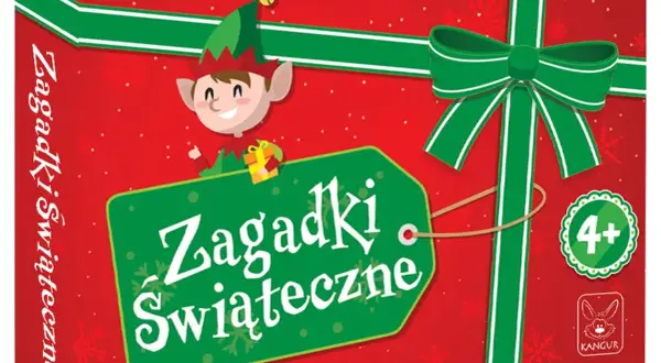Pudełko z napisem "Zagadki świąteczne" i wesołym elfem. Idealne zagadki świąteczne dla dorosłych, od 4 lat.