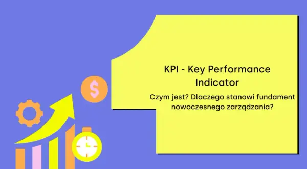 Kluczowe wskaźniki efektywności (KPI) w logistyce: wykres wzrostu, dolar, zegar i koło zębate.