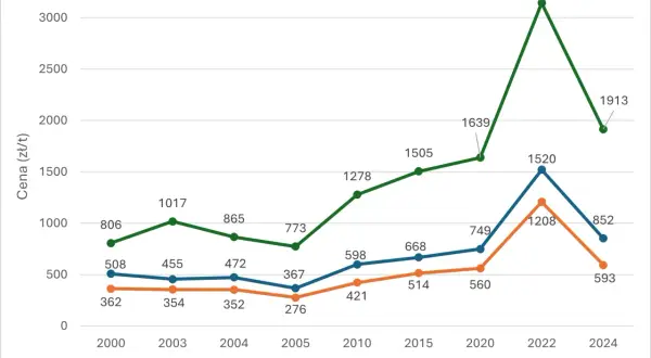 Wykres liniowy pokazujący ceny pszenicy, żyta i rzepaku w latach 2000-2024.