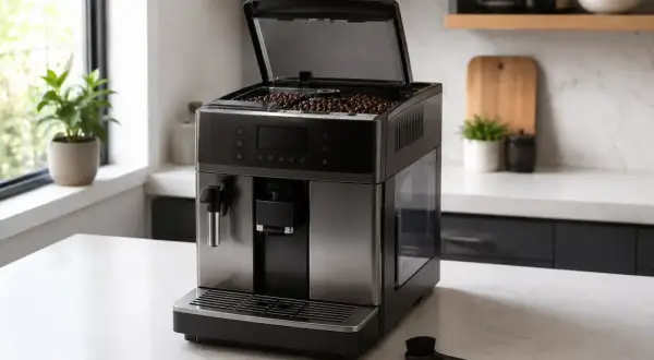 Automatyczny ekspres do kawy DeLonghi z otwartą klapą zasobnika ziaren. Obok szczoteczka do czyszczenia młynka.