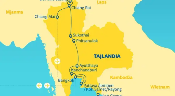 Mapa Tajlandii z zaznaczonymi miastami i trasą. Zastanawiasz się, ile się leci do Tajlandii z Warszawy? Ta mapa pokazuje popularne miejsca podróży.