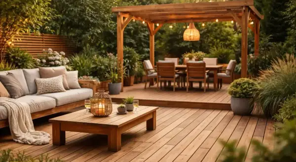 Un salon de jardin en bois, baigné de lumière douce. Une table et des chaises sous une pergola invitent à la détente. L'ensemble suggère une façon de **protéger le bois extérieur naturellement**.