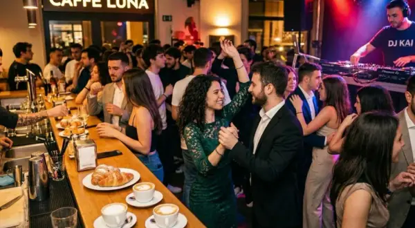 Coppie ballano al Caffè Luna, un locale che promette di diventare il **new futura disco club**. DJ Kai mixa musica mentre la gente si diverte.
