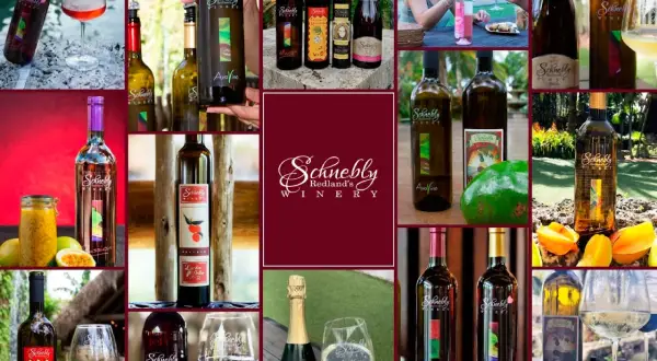 Vielfalt an Scheurebe Wein-Flaschen und Gläsern von Schnebly Redland's Winery, teils mit Früchten dekoriert.