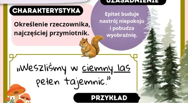 Co to epitet? Określenie rzeczownika, np. "ciemny las". Buduje nastrój i pobudza wyobraźnię.