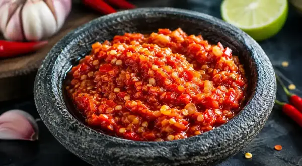 En skål med kryddig yuzu sås, omgiven av vitlök, chili och lime. Perfekt för att ge extra smak till din mat.