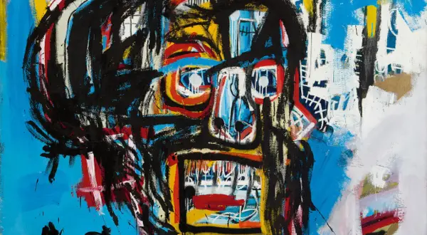 A vibrant, abstract painting featuring a bold, expressive **Basquiat skull** with striking black outlines, vivid colors, and a raw, energetic style.