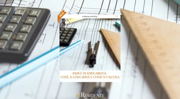 Calcolatrice, righello e compasso su disegni tecnici. L'indice di edificabilità è fondamentale per ogni progetto immobiliare.
