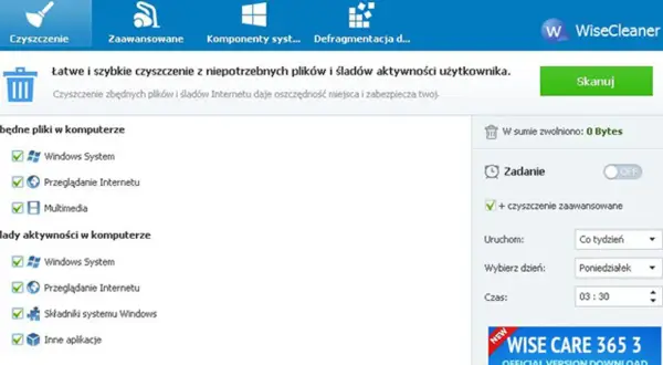 Interfejs programu WiseCleaner do czyszczenia komputera. Widoczne opcje: czyszczenie, zaawansowane, komponenty systemu, defragmentacja. Program oferuje łatwe i szybkie czyszczenie zbędnych plików i śladów aktywności użytkownika.
