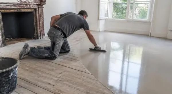 Un ouvrier effectue un ragréage sur plancher bois, créant une surface lisse et moderne.