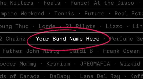 A list of band names, with "Your Band Name Here" circled in red, suggesting a band name search.