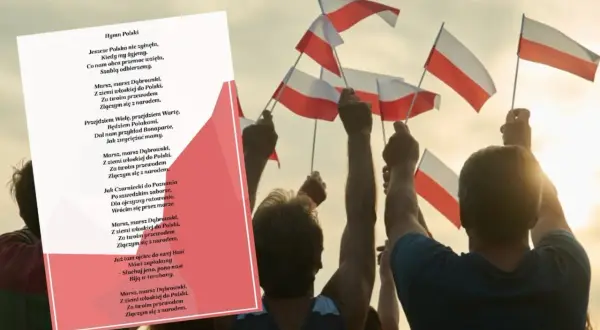 Ludzie z polskimi flagami wzniesionymi ku górze, a obok tekst hymnu polskiego.