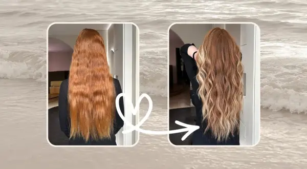 Avant/après : des cheveux roux transformés avec des mèches effet soleil, apportant lumière et mouvement.