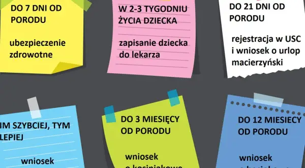 Terminy na zameldowanie dziecka i formalności: ubezpieczenie, lekarz, USC, urlop macierzyński, 500+, becikowe.