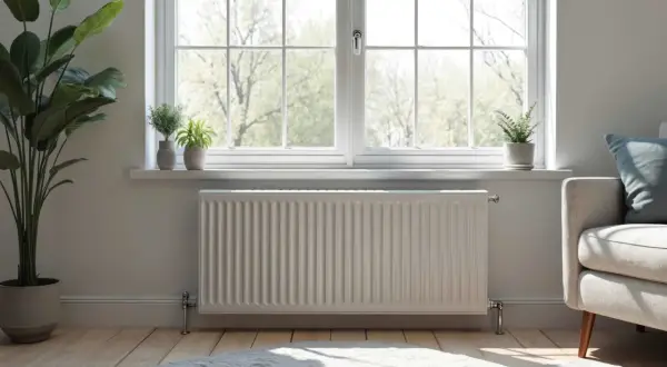 Un radiateur blanc sous une fenêtre ensoleillée, avec des plantes vertes. Faut-il changer les radiateurs avec une pompe à chaleur pour un chauffage plus écologique ?
