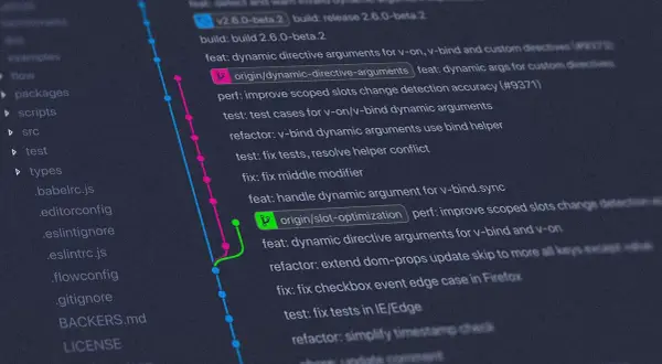 Visualisation d'un historique Git, montrant des branches et des commits. On y voit des fichiers comme `package.json` et des messages de commit, dont un mentionnant `node fs`.