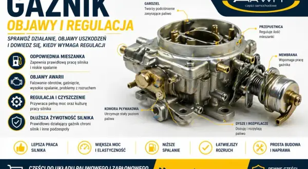 Element gaźnika w aucie – szczegółowy widok z opisem funkcji: gardziel, przepustnica, membrana, dysze. Poprawny element gaźnika to klucz do sprawnej pracy silnika.