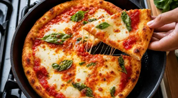 Une main retire une part de pizza margherita fondante d'une poêle. La croûte dorée et le fromage filant témoignent d'un parfait rechauffer pizza poele.