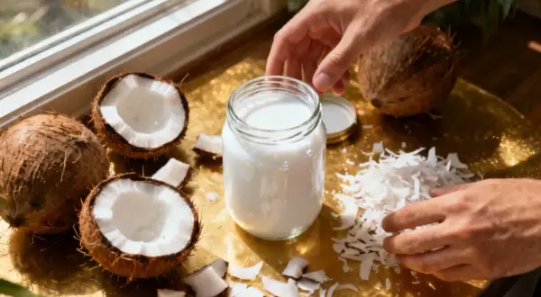 Découvrez comment est fait le lait de coco : des noix de coco fraîches, râpées et pressées pour obtenir ce liquide crémeux dans un bocal.