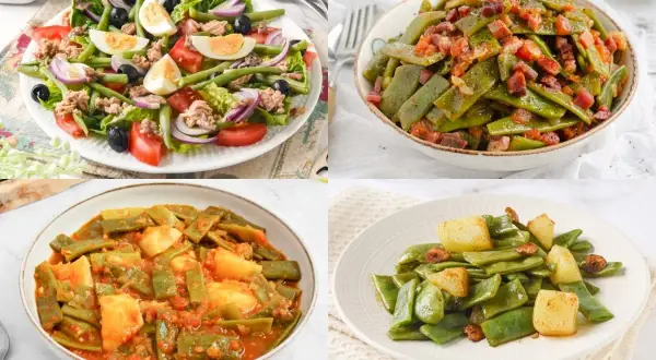 Cuatro platos de judías verdes: ensalada con atún, con bacon, con patatas y tomate, y salteadas con patatas. ¡Ideas para recetas de judías verdes!