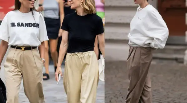 Koszula do beżowych spodni: biały t-shirt z logo, czarny top i biała bluza oversize. Stylowe stylizacje na co dzień.