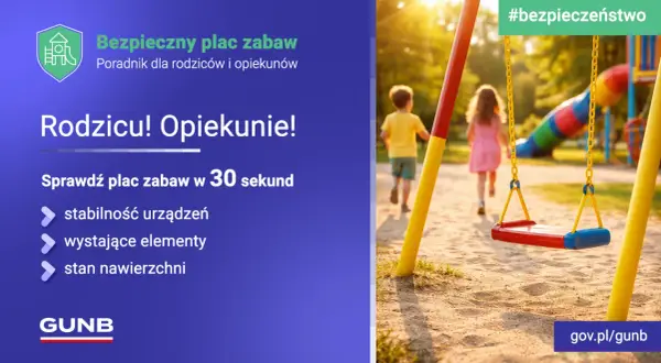 Dzieci biegnące na plac zabaw, huśtawka i zjeżdżalnia w słoneczny dzień.