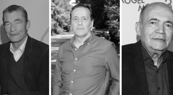Trzech aktorów serialu "Barwy szczęścia": Marian Dziędziel, Andrzej Grabowski i Janusz Chabior.
