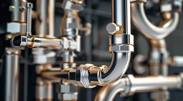 Błyszczące, metalowe rury i złączki, tworzące skomplikowaną sieć. Widoczne są detale łączenie rur pex, sugerujące instalację hydrauliczną.