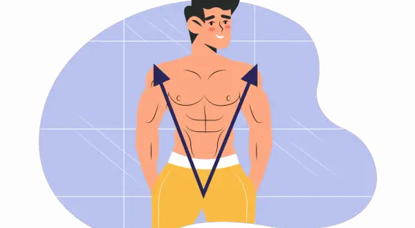 Ein muskulöser Mann mit einem V-förmigen Oberkörper, der stolz seine breiten Schultern und schmale Taille präsentiert.