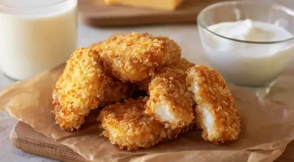 Chrupiący kurczak w panko, idealny do maczania w sosie. Obok szklanka mleka i miseczka jogurtu.
