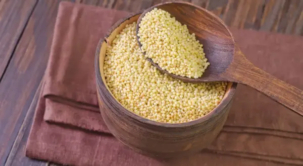 Drewniana miska pełna kaszy jaglanej, z drewnianą łyżką. Czy kasza jaglana ma gluten? Nie, jest bezglutenowa!