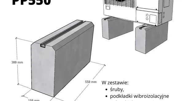 Solidny fundament pod pompę ciepła PP550, wymiary 550x150x300 mm, z rowkiem do montażu. W zestawie śruby, podkładki i nakrętki.
