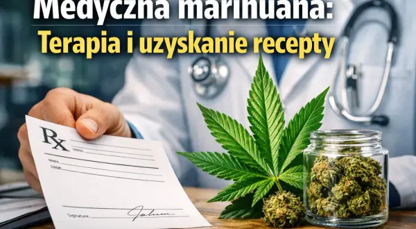 Lekarz podaje receptę, obok liść i słoik z medyczną marihuaną.