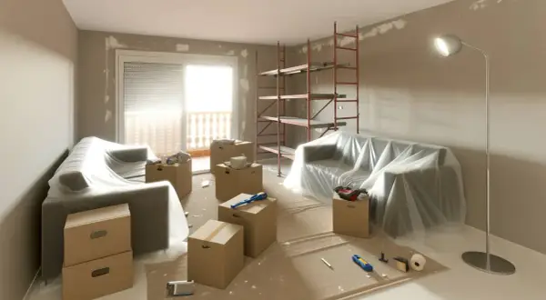 Salón en obras, muebles cubiertos, cajas y andamio. Preparando la indemnización por obras en piso de alquiler.