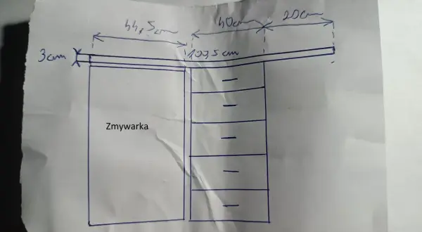 Szkic pokazuje, jak zabezpieczyć blat kuchenny nad zmywarką. Wymiary 44,5 cm, 40 cm, 20 cm, 107,5 cm, 3 cm.