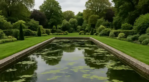 Un étang de jardin avec des algues filamenteuses, une solution naturelle comme le bicarbonate de soude pourrait aider.
