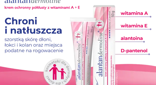 Krem Alantan Dermoline z alantoiną, witaminami A+E chroni i natłuszcza szorstką skórę, idealny do codziennej pielęgnacji.