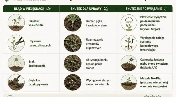 Domowy sposób na chwasty: plewienie po deszczu, wyciąganie całych korzeni, izolacja gleby od słońca, metoda No-Dig. Unikaj błędów w pielęgnacji.