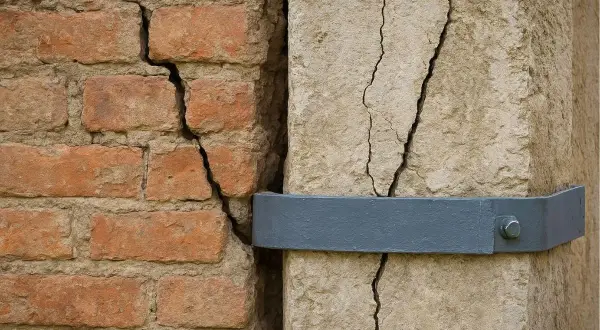 Crepa in un muro di mattoni e pilastro di pietra, con una fascetta metallica per il consolidamento strutturale.