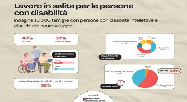Lavoro e invalidità civile: il 40% è occupato, il 30% cerca impiego. Il part time volontario è al 55%, con il 95% che sceglie questa modalità.