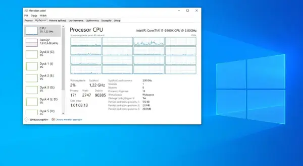 Menedżer zadań na MacBooku pokazuje niskie obciążenie CPU (2%) i wykorzystanie pamięci (49%) podczas pracy z procesorem Intel Core i7.