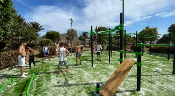 Grupo de personas entrenando en un parque de calistenia al aire libre con césped artificial y estructuras verdes.
